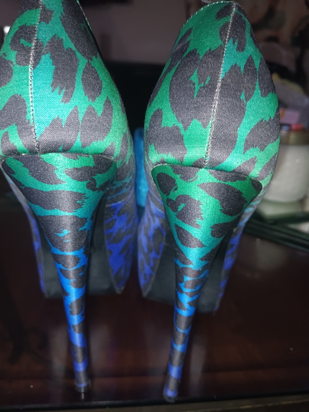 Shoe Dazzle Blue & Green Leopard Satin Stiletto Pumps